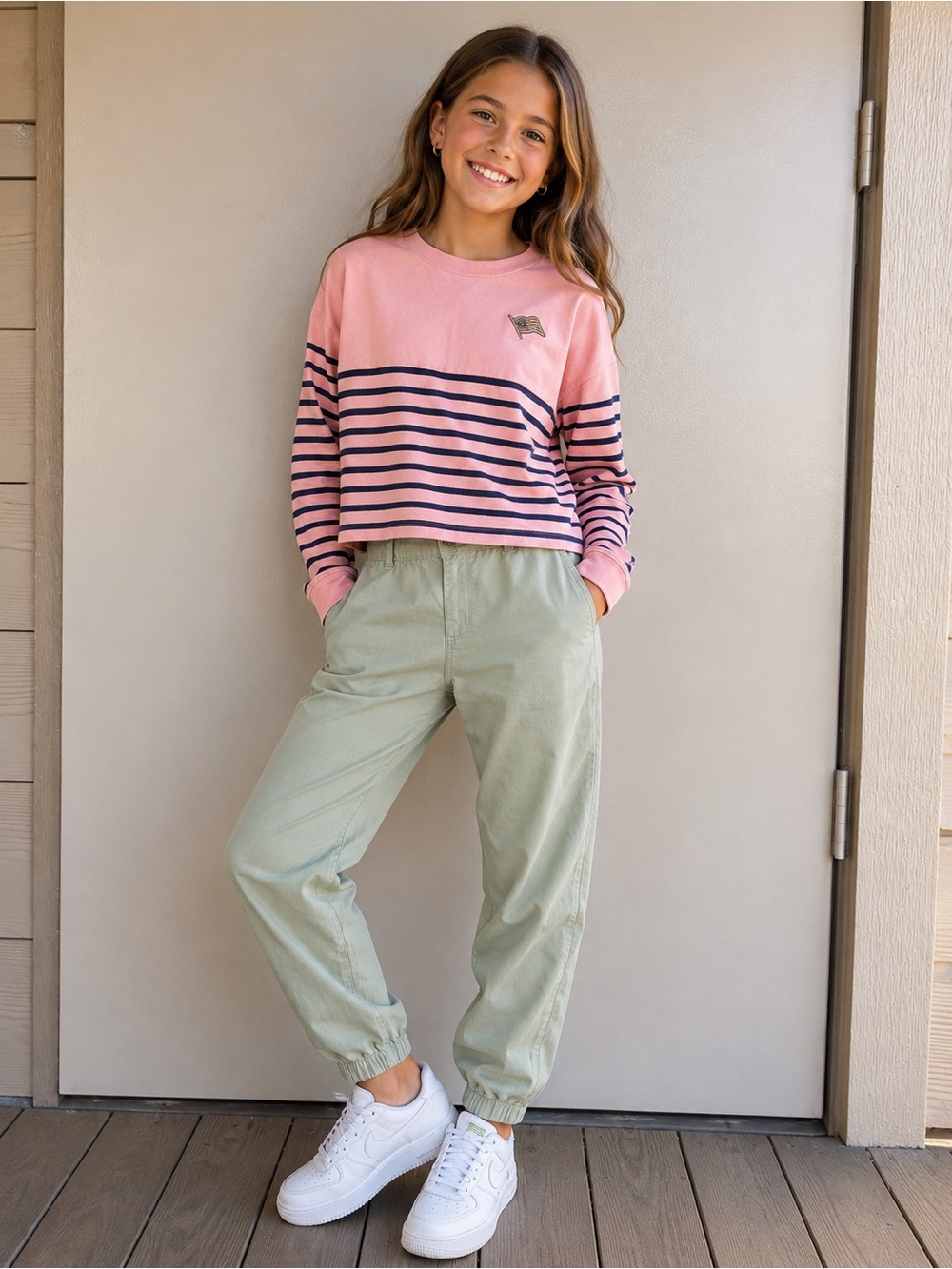 Disney Cruise Line Youth L Pink Navy Striped Long Sleeve Nautical Tee Summer Kid